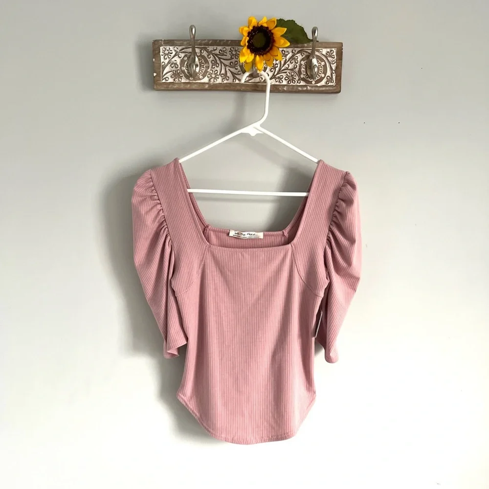 FREE PEOPLE Night Lily Ribbed Puff Sleeve Top - Pale Mauve - Size Small - NWT